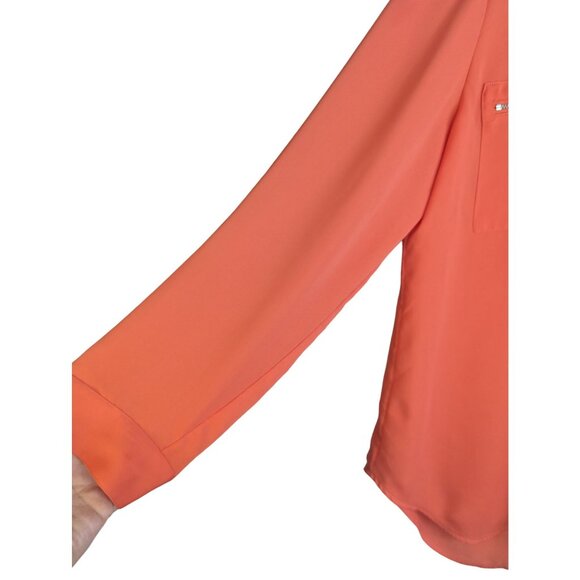 Chico's Zip Pocket Button-UP Campbell Blouse Roll-Tab Sleeves Semi Sheer Sz M - Picture 3 of 10